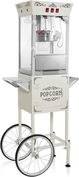 Olde Midway Movie Theater-Style Popcorn Machine Maker with Cart and 8-Ounce Kettle - Cream, Vintage-Style Popper on Wheels