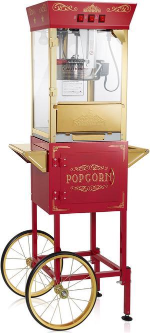 Olde Midway Movie Theater-Style Popcorn Machine Maker with Cart and 10-Ounce Kettle - Red, Vintage-Style Popper on Wheels