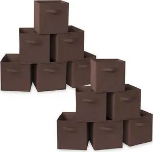 Casafield Set of 12 Collapsible Fabric Cube Storage Bins, Brown - 11" Foldable Cloth Baskets for Shelves, Cubby Organizers & More