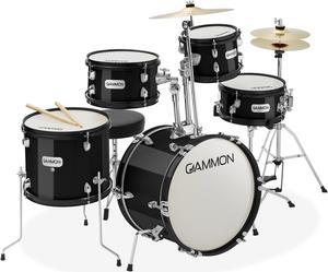 Gammon Percussion 5-Piece Junior Starter Drum Kit with Cymbals, Hardware, Sticks, & Throne - Black