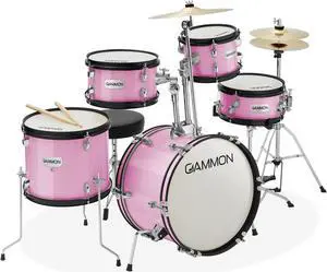 Gammon Percussion 5-Piece Junior Starter Drum Kit with Cymbals, Hardware, Sticks, & Throne - Pink