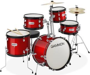 Gammon Percussion 5-Piece Junior Starter Drum Kit with Cymbals, Hardware, Sticks, & Throne - Red