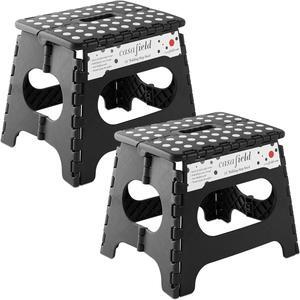 Casafield 11" Folding Step Stool with Handle (Set of 2), Black - Portable Collapsible Small Plastic Foot Stool for Kids and Adults - Use in the Kitchen, Bathroom and Bedroom
