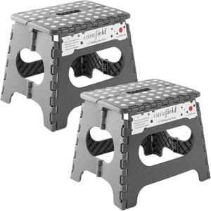 Casafield 11" Folding Step Stool with Handle (Set of 2), Gray - Portable Collapsible Small Plastic Foot Stool for Kids and Adults - Use in the Kitchen, Bathroom and Bedroom