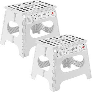 Casafield 11" Folding Step Stool with Handle (Set of 2), White - Portable Collapsible Small Plastic Foot Stool for Kids and Adults - Use in the Kitchen, Bathroom and Bedroom