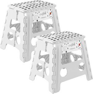 Casafield 13" Folding Step Stool with Handle (Set of 2), White - Portable Collapsible Small Plastic Foot Stool for Adults - Use in the Kitchen, Bathroom and Bedroom