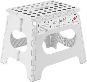 Casafield 11" Folding Step Stool with Handle, White - Portable Collapsible Small Plastic Foot Stool for Kids and Adults - Use in the Kitchen, Bathroom and Bedroom