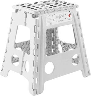 Casafield 16" Folding Step Stool with Handle, White - Portable Collapsible Small Plastic Foot Stool for Adults - Use in the Kitchen, Bathroom and Bedroom
