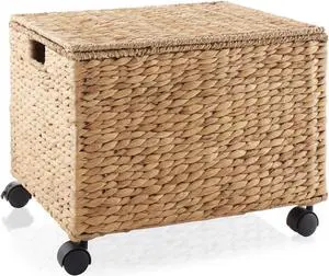 Casafield Rolling Filing Cabinet, Natural - Water Hyacinth File Organizer with Lid and Locking Wheels, Home Office Storage for Hanging Folders