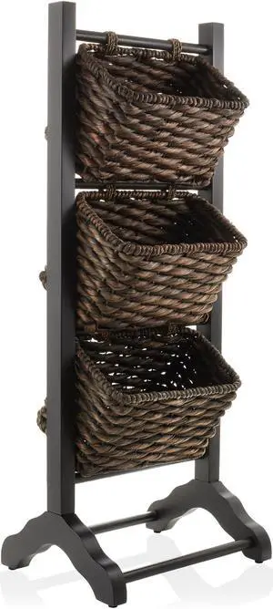 Casafield 3-Tier Floor Stand with Water Hyacinth Storage Baskets, Black/Espresso - Standing Organizer Rack for Bathroom, Kitchen, Laundry, Living Room