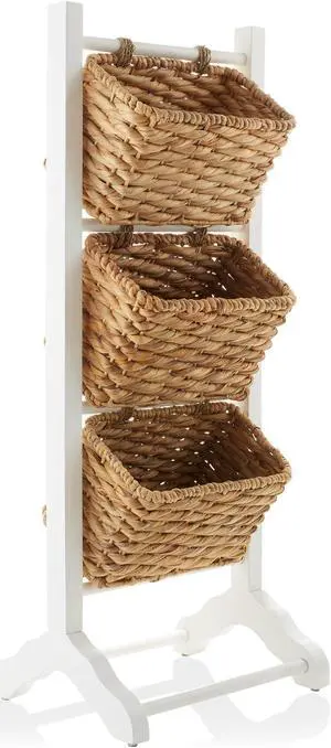 Casafield 3-Tier Floor Stand with Water Hyacinth Storage Baskets, White/Natural - Standing Organizer Rack for Bathroom, Kitchen, Laundry, Living Room