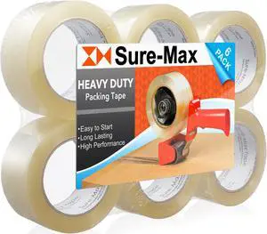Sure-Max 6 Rolls Heavy-Duty Shipping & Packing Tape (2" x 120 yard/360' each) - Moving & Adhesive Carton Sealing - 2.7mil Clear