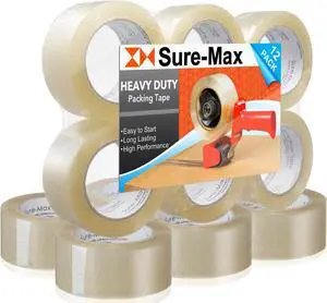 Sure-Max 12 Rolls Heavy-Duty Shipping & Packing Tape (2" x 120 yard/360' each) - Moving & Adhesive Carton Sealing - 2.7mil Clear