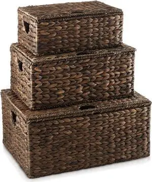 Casafield Set of 3 Water Hyacinth Rectangular Storage Baskets with Lids (Espresso - Small/Medium/Large) for Bedroom, Bathroom, Laundry, Home Office