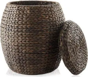 Casafield Round Storage Basket with Lid - Espresso, Handwoven Water Hyacinth Organizer for Laundry, Blankets, Plants, Bedroom, Living Room, Home Office