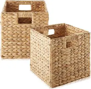 Casafield Set of 4 Water Hyacinth Pantry Baskets, 10" x 13" x 5", with Chalkboard Labels and Chalk Marker - Espresso, Woven Storage Bin Organizers for Kitchen Shelves
