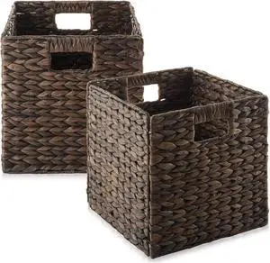 Casafield 10.5" x 10.5" Water Hyacinth Storage Baskets, Espresso - Set of 2 Collapsible Cube Organizers, Woven Bins for Bathroom, Bedroom, Laundry, Pantry, Shelves