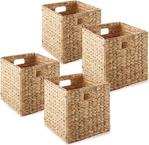 Casafield 10.5" x 10.5" Water Hyacinth Storage Baskets, Natural - Set of 4 Collapsible Cube Organizers, Woven Bins for Bathroom, Bedroom, Laundry, Pantry, Shelves