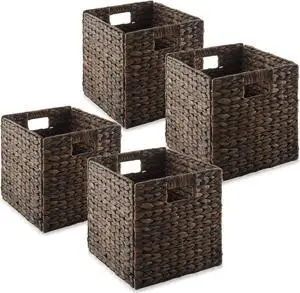 Casafield 10.5" x 10.5" Water Hyacinth Storage Baskets, Espresso - Set of 4 Collapsible Cube Organizers, Woven Bins for Bathroom, Bedroom, Laundry, Pantry, Shelves