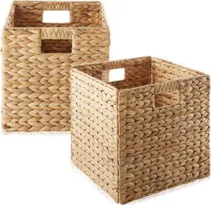 Casafield 12" x 12" Water Hyacinth Storage Baskets, Natural - Set of 2 Collapsible Cube Organizers, Woven Bins for Bathroom, Bedroom, Laundry, Pantry, Shelves