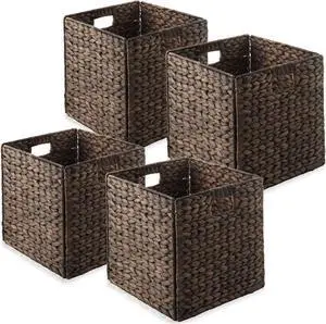 Casafield 12" x 12" Water Hyacinth Storage Baskets, Espresso - Set of 4 Collapsible Cube Organizers, Woven Bins for Bathroom, Bedroom, Laundry, Pantry, Shelves