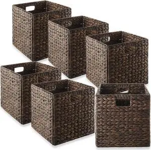 Casafield 12" x 12" Water Hyacinth Storage Baskets, Espresso - Set of 6 Collapsible Cube Organizers, Woven Bins for Bathroom, Bedroom, Laundry, Pantry, Shelves