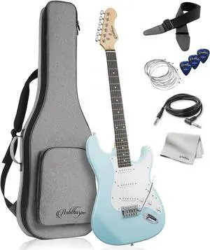 Ashthorpe 39-Inch Electric Guitar (Light Blue-Silver), Full-Size Guitar Kit with Padded Gig Bag, Tremolo Bar, Strap, Strings, Cable, Cloth, Picks