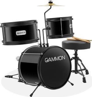Gammon 3-Piece Junior Drum Set with Throne - Black, Complete Beginner Kit with Bass Drum, Toms, Cymbal, Pedal, and Drumsticks
