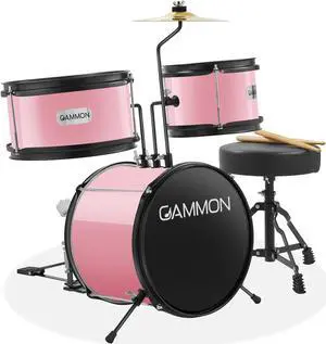 Gammon 3-Piece Junior Drum Set with Throne - Pink, Complete Beginner Kit with Bass Drum, Toms, Cymbal, Pedal, and Drumsticks
