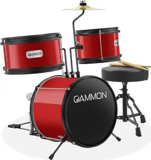 Gammon 3-Piece Junior Drum Set with Throne - Red, Complete Beginner Kit with Bass Drum, Toms, Cymbal, Pedal, and Drumsticks