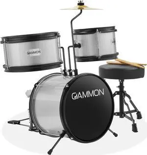 Gammon 3-Piece Junior Drum Set with Throne - Silver, Complete Beginner Kit with Bass Drum, Toms, Cymbal, Pedal, and Drumsticks