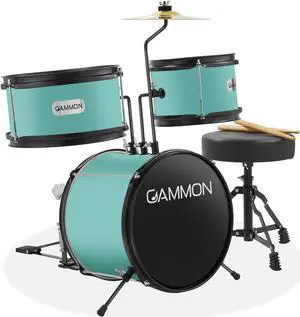 Gammon 3-Piece Junior Drum Set with Throne - Teal, Complete Beginner Kit with Bass Drum, Toms, Cymbal, Pedal, and Drumsticks