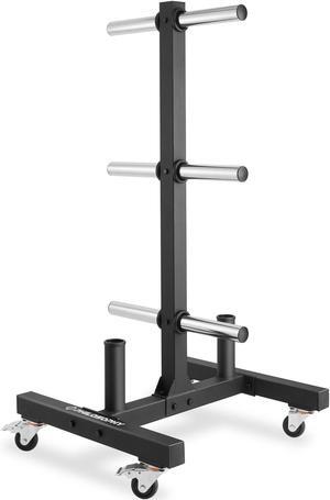 Philosophy Gym Rolling Olympic / Bumper Weight Plate Tree or Bumper Plate Tree, Commercial Vertical Storage Rack with Barbell Holders