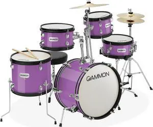 Gammon Percussion 5-Piece Junior Starter Drum Kit with Cymbals, Hardware, Sticks, & Throne - Purple