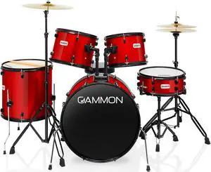 Gammon Percussion Full Size Complete Adult 5-Piece Drum Set with Cymbals, Stands, Stool, and Sticks - Red