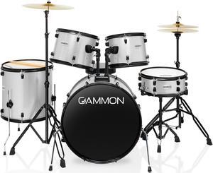 Gammon Percussion Full Size Complete Adult 5-Piece Drum Set with Cymbals, Stands, Stool, and Sticks - Silver