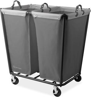 Dryser Divided Commercial Heavy-Duty Rolling Laundry Hamper, Steel Frame Cart on Wheels with 2 Section Removable Canvas Bins for Hotel or Home - Gray
