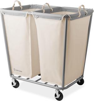 Dryser Divided Commercial Heavy-Duty Rolling Laundry Hamper, Steel Frame Cart on Wheels with 2 Section Removable Canvas Bins for Hotel or Home - White