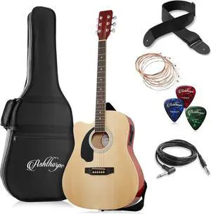Ashthorpe Full-Size Left-Handed Dreadnought Cutaway Acoustic-Electric Guitar Bundle - Premium Tonewoods - Natural