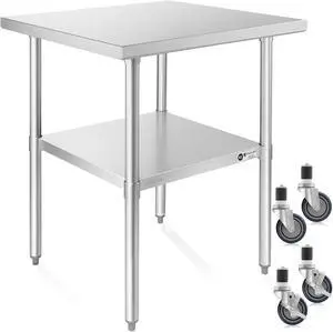 KUTLER Stainless Steel Table 24 x 24 Inches with Caster Wheels, NSF Heavy Duty Commercial Prep and Work Table with Undershelf for Restaurant, Hotel, Home