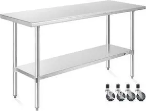 KUTLER Stainless Steel Table 24 x 60 Inches with Caster Wheels, NSF Heavy Duty Commercial Prep and Work Table with Undershelf for Restaurant, Hotel, Home