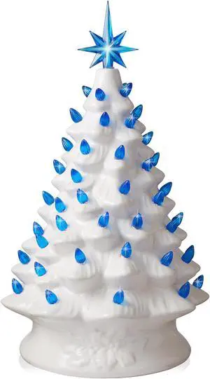 Casafield Hand Painted Ceramic Christmas Tree, White 15-Inch Pre-Lit Tree with 128 Pink and Blue Lights and 2 Star Toppers