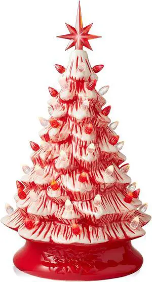 Casafield Hand Painted Ceramic Christmas Tree, Red and White Peppermint 15-Inch Pre-Lit Tree with 128 Red and Clear Lights, 2 Star Toppers