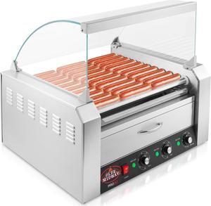 Olde Midway Electric 30 Hot Dog 11 Roller Grill Cooker Machine with Bun Warming Drawer and Cover - Commercial Grade, Stainless Steel