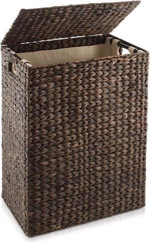 Casafield Large Laundry Hamper with Lid and Removable Liner Bag - Espresso, Woven Water Hyacinth Rectangular Laundry Basket Sorter for Clothes and Towels