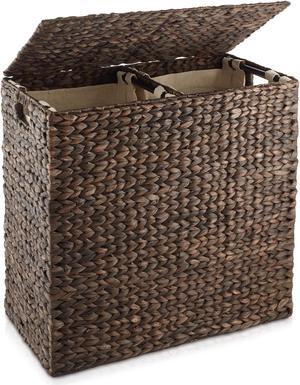 Casafield 2-Section Laundry Hamper with Removable Liner Bags - Espresso, Woven Water Hyacinth Double Laundry Basket Sorter for Clothes and Towels