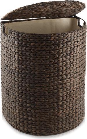 Casafield Half Moon Laundry Hamper with Lid and Removable Liner Bag - Espresso, Woven Water Hyacinth Laundry Basket for Clothes and Towels