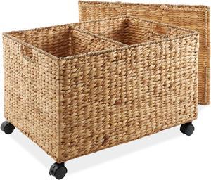 Casafield Rolling Storage Basket Cart with Lid and Locking Wheels, Natural - Handwoven Water Hyacinth Divided Recycling Sorting Bin for Kitchen, Laundry Room, Garage
