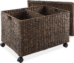 Casafield Rolling Storage Basket Cart with Lid and Locking Wheels, Espresso - Handwoven Water Hyacinth Divided Recycling Sorting Bin for Kitchen, Laundry Room, Garage