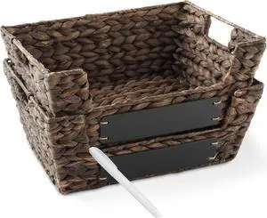 Casafield Set of 2 Water Hyacinth Pantry Baskets with Handles, Chalkboard Labels, and Marker - Espresso, Wide Woven Storage Bin Organizers for Kitchen Shelves